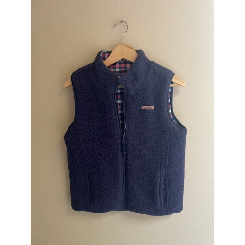 𝅺VINEYARD Vine Girls   Reversible Sherpa Shep Vest Pink Plaid Size Small